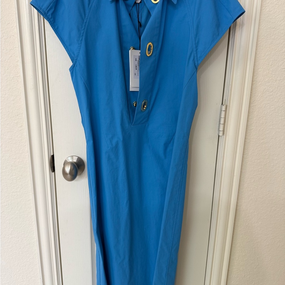 Bottega Veneta Bright Blue Midi Dress with Gold Eyelet Accents